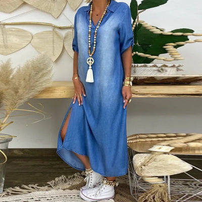 Lea | Lange Jeanskleid mit Seitenschlitz