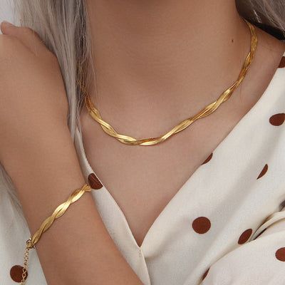 Olivia | Luxuriöse Visgraat Ketten- & Armband-Set in 18K Gold Plated Edelstahl
