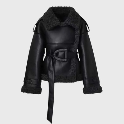 Corinne | Gefütterte Kunstlederjacke mit Taillengürtel