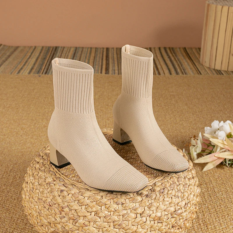 Louisa | Elegante Strick-Stiefeletten mit Blockabsatz
